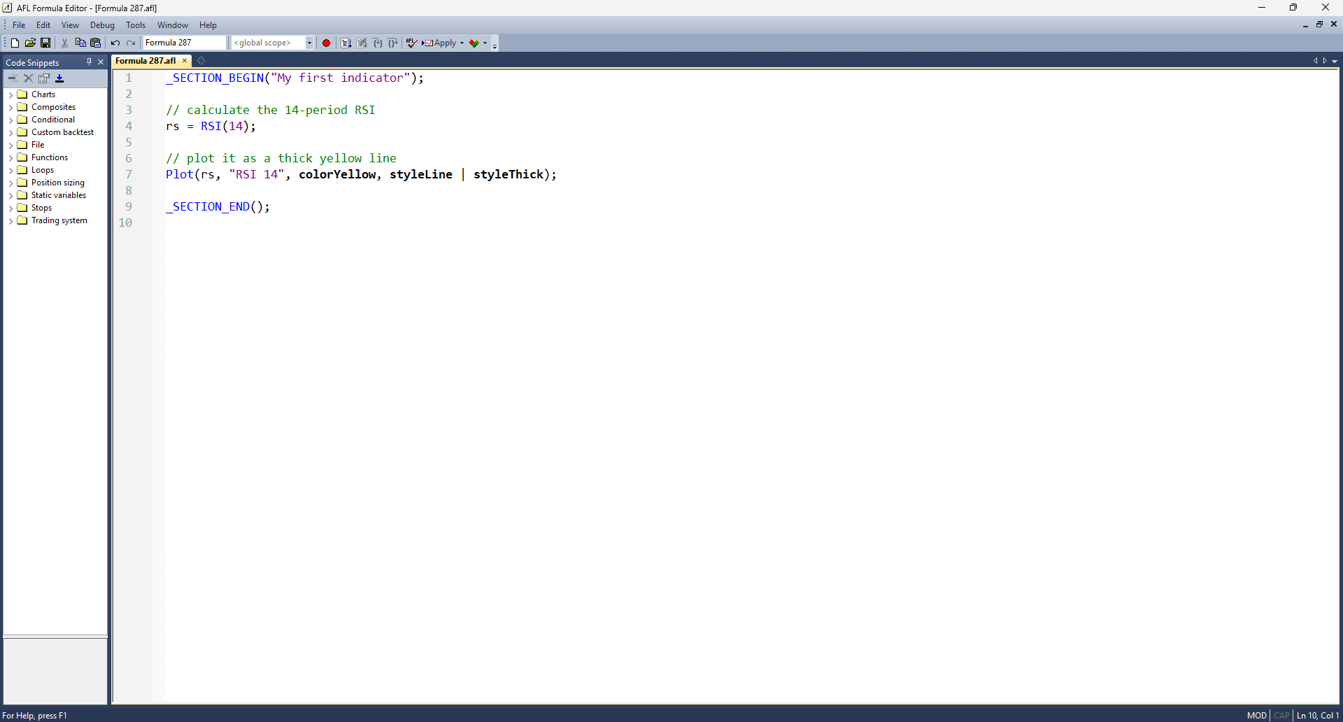 The Formula Editor with our RSI indicator typed in, ready to Apply