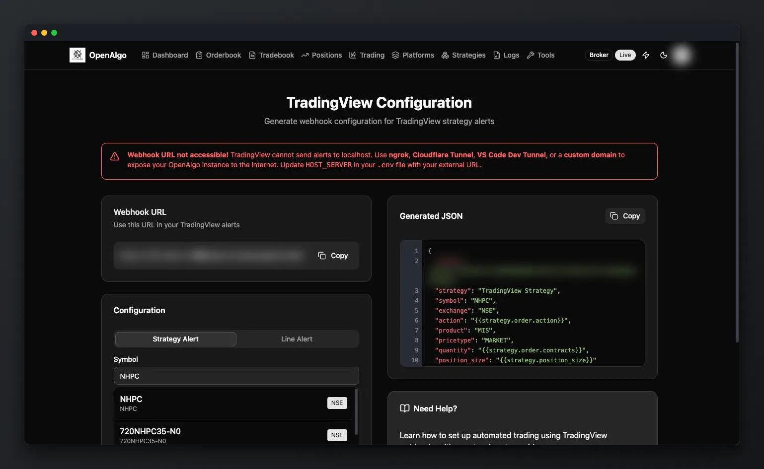 OpenAlgo TradingView webhook configuration with a localhost warning and generated alert JSON