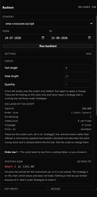 The Backtest panel with strategy, date range, inputs and the settings the strategy declares
