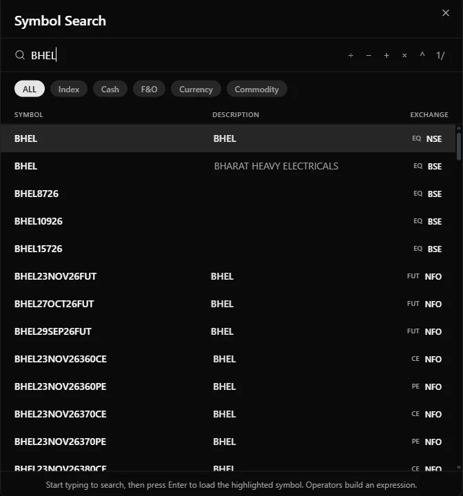 Symbol search listing NSE and BSE equities and NFO futures and options