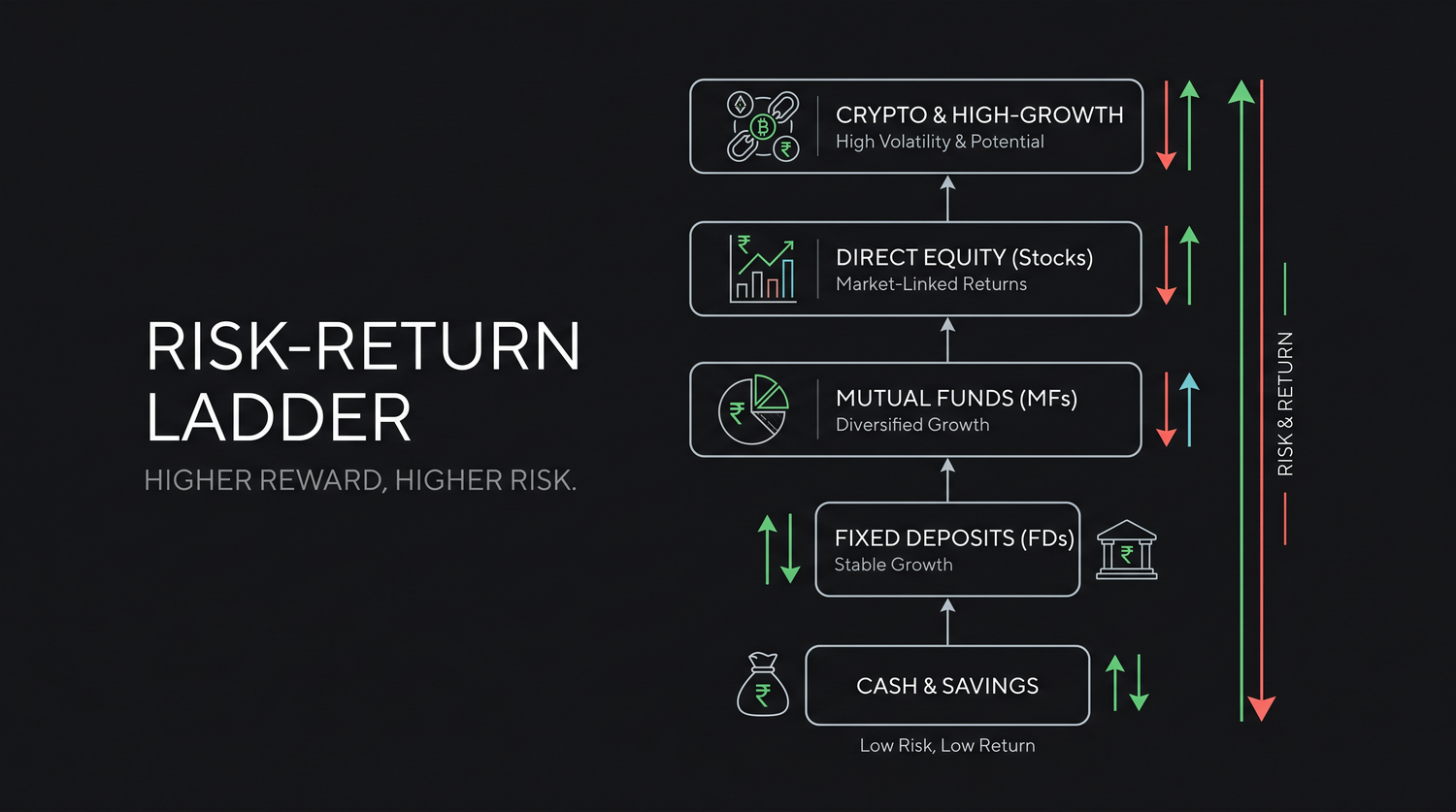 The risk-return ladder, from safe, slow cash at the bottom to high-return, high-volatility equity and crypto at the top; reward and risk rise together, rung by rung
