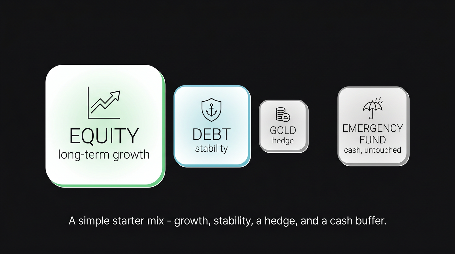 A simple illustrative asset mix, a large equity slice for long-term growth, a debt cushion for stability, and a small gold hedge, with an untouched emergency fund in cash