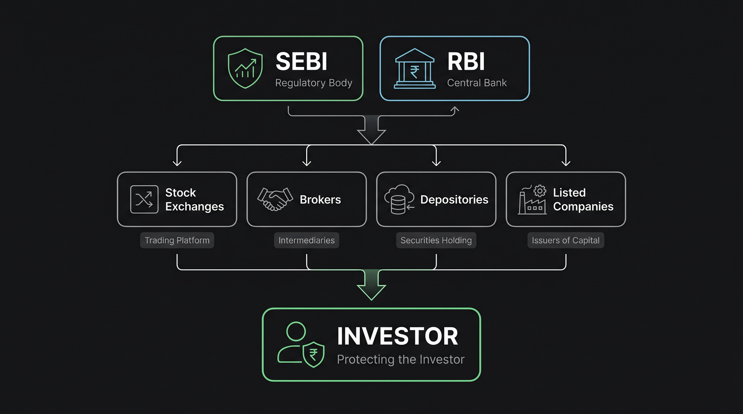 The regulatory hierarchy, SEBI and the RBI at the top, overseeing the exchanges, brokers, depositories and listed companies, all in service of protecting the investor at the base