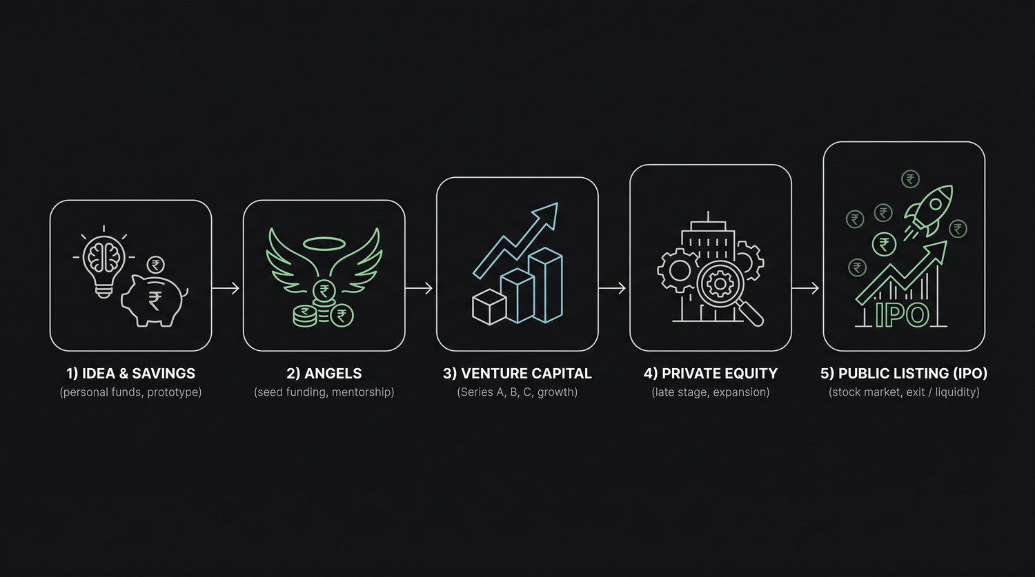 The funding ladder, from an idea and the founder's own savings, up through angels and venture capital rounds, into private equity, and finally a public listing