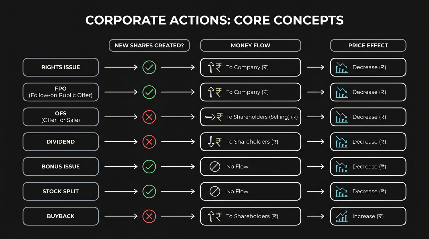 A comparison grid of the corporate actions, rights, FPO, OFS, dividend, bonus, split and buyback, showing for each whether new shares are created, where the money flows, and the effect on price