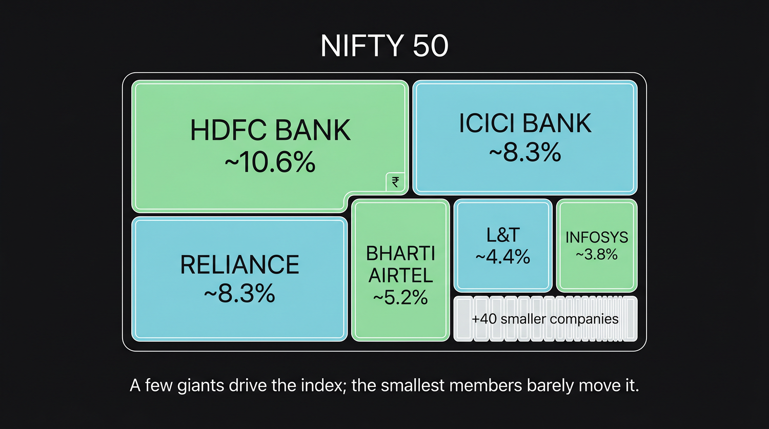 The Nifty 50 drawn as a weighted basket, heavyweights like HDFC Bank, ICICI Bank and Reliance fill most of the space, while the smallest members are slivers