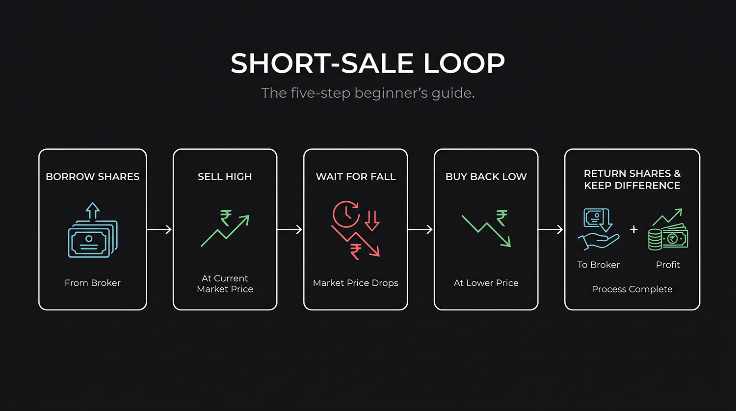 The five-step short-sale loop, borrow shares, sell high, wait for the fall, buy back low, return the shares, and keep the difference