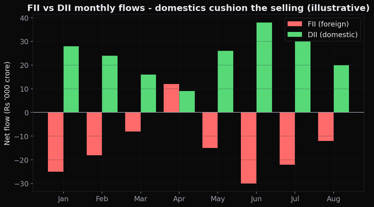 Illustrative monthly FII vs DII flows, foreign investors selling while domestic institutions and SIP money keep buying, cushioning the market (approximate, for illustration)