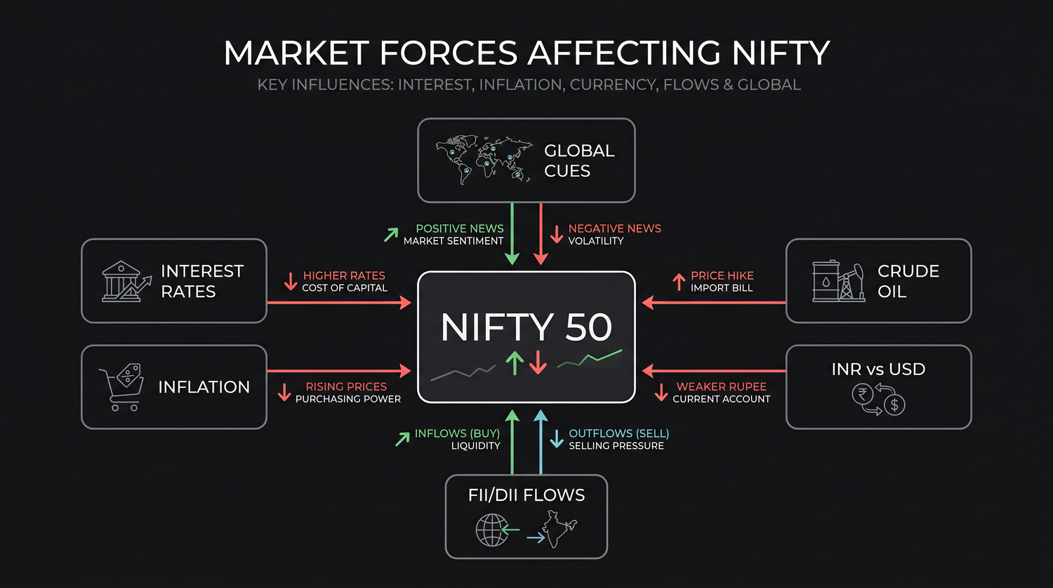 The big forces leaning on the market, interest rates, inflation, crude oil, the rupee, FII/DII flows and global cues, all pushing on the Nifty at once