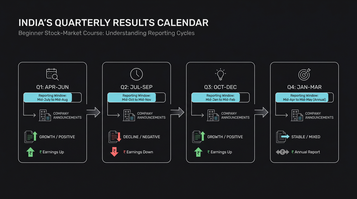 India's quarterly results calendar, the four reporting seasons through the year and the rough window when each company announces