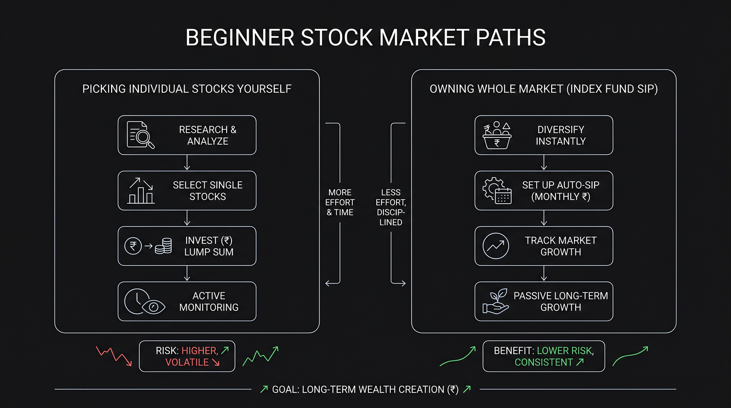 The two beginner paths side by side, picking individual stocks yourself versus owning the whole market through an index-fund SIP