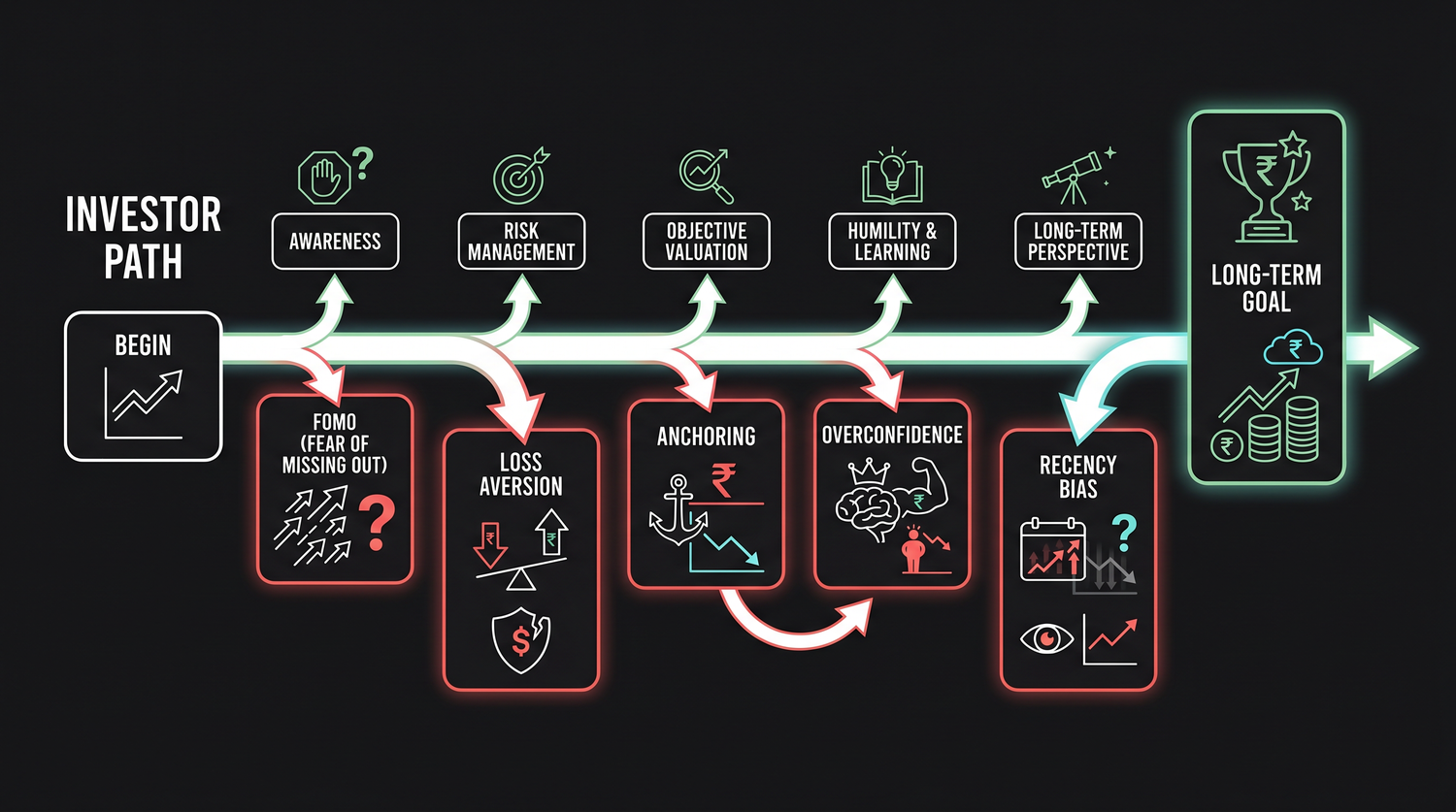 The main behavioural traps drawn as labelled pitfalls on an investor's path, FOMO, loss aversion, anchoring, overconfidence and recency bias, each one a place where emotion quietly overrides the plan