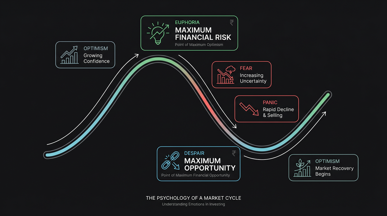 The psychology of a market cycle, optimism builds to euphoria at the very top (the point of maximum financial risk), then slides through fear and panic to despair at the bottom (the point of maximum opportunity)
