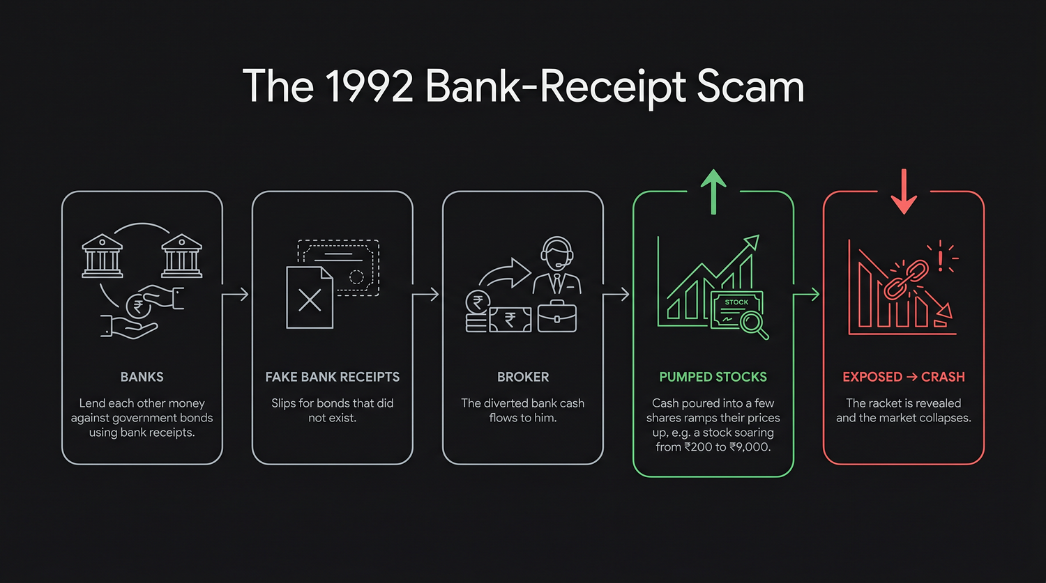 How the 1992 bank-receipt scam worked, fake bank receipts let money flow from banks to the broker, who poured it into a few stocks to ram up their prices, until the exposure triggered a market crash