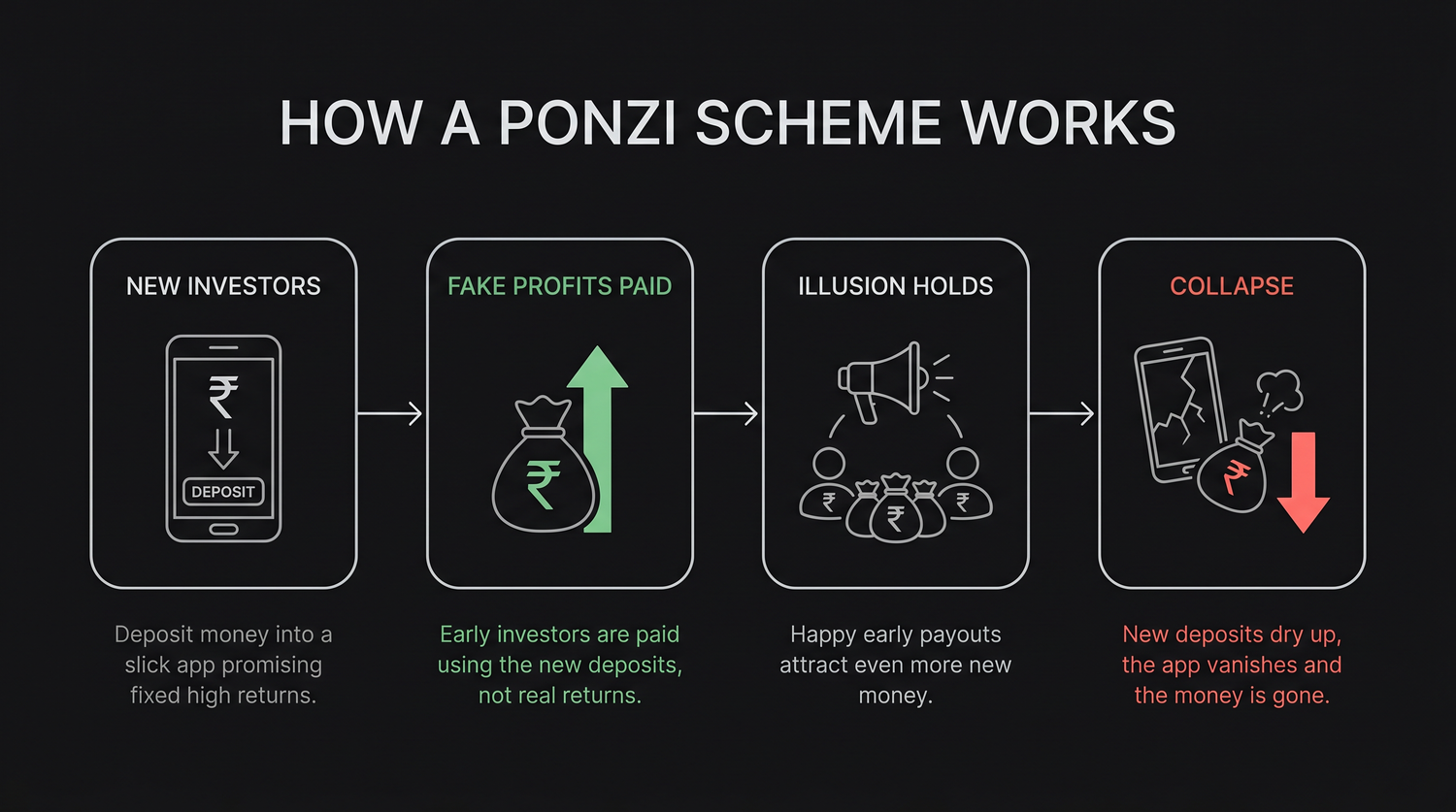 How a Ponzi or guaranteed-return scheme works, new investors' deposits are used to pay fake profits to earlier ones, sustaining the illusion until fresh money dries up and the whole scheme collapses