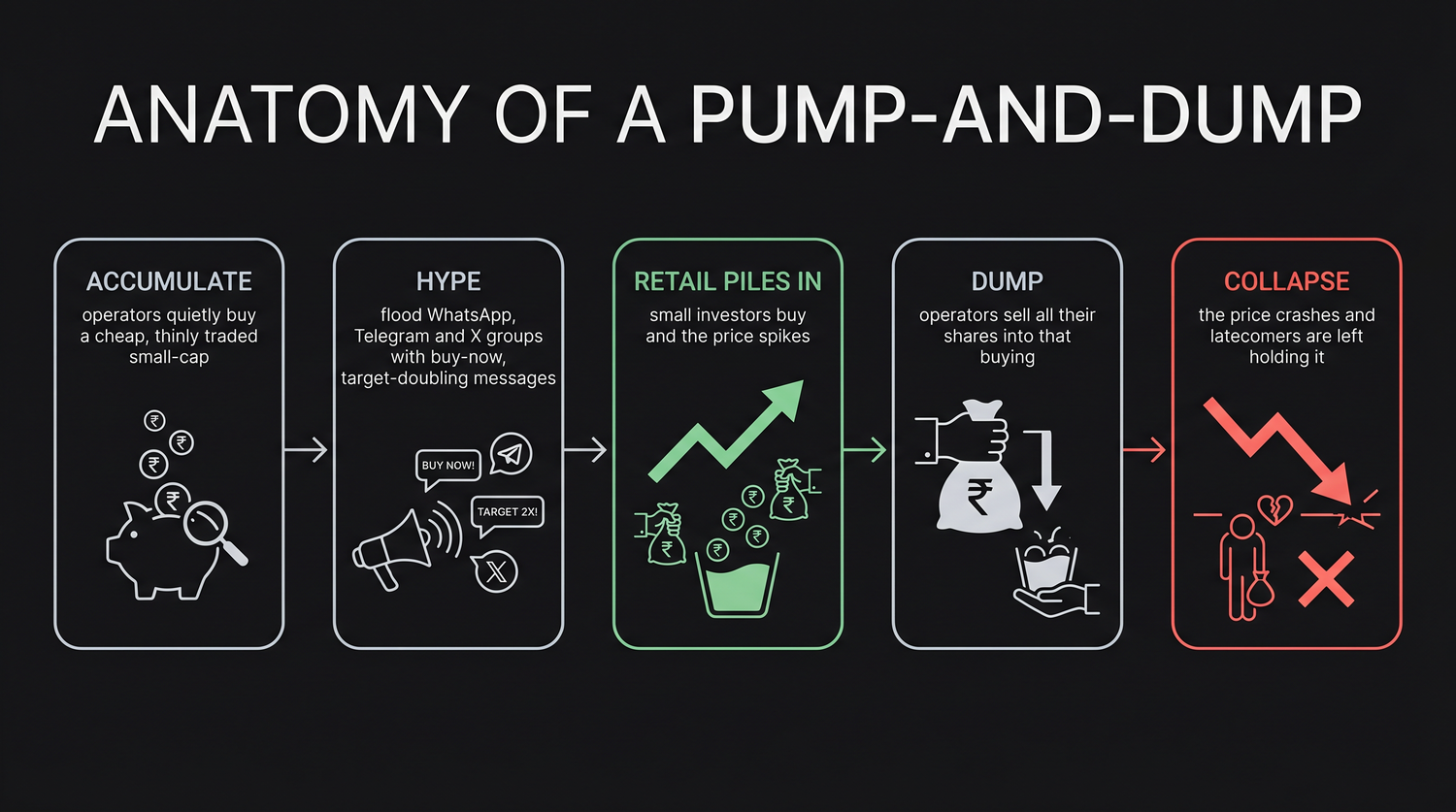Anatomy of a pump-and-dump, operators quietly accumulate a cheap small-cap, hype it across WhatsApp and Telegram, retail investors pile in and lift the price, then the operators dump their shares and the price collapses