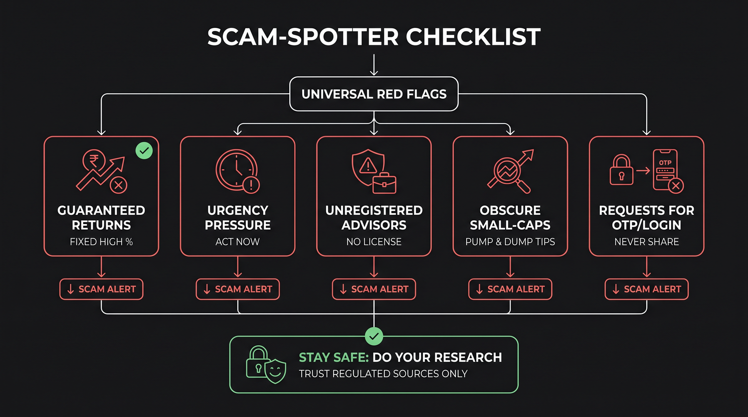 A scam-spotter checklist of universal red flags, guaranteed or fixed high returns, pressure to act now, unregistered advisors, tips on obscure small-caps, and requests for your OTP or login